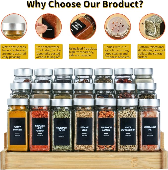 24 Glass Storage Jars- Spice Jars with Label-4oz Spice Containers with Shaker Lids and Silvery Lids,3 Sets of Spice Labels for Spice Rack