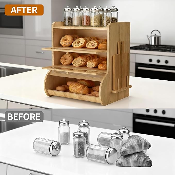 Bread Box for Kitchen Countertop, 3 Tier Large Capacity Breadbox, with Window, Cutting Board Rack and Knife Holder, Bamboo Bread Container, Under Cabinet Organizer