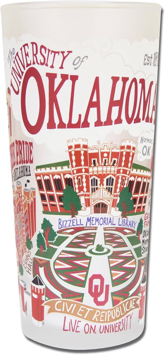 Catstudio Drinking Glass, University of Oklahoma Glass Cup for Kitchen, 15oz Dishwasher Safe Tumbler for UO Alumni