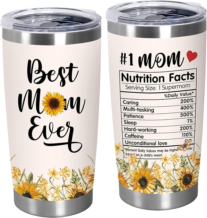 TEEZWONDER Christmas Birthday Gifts for Mom from Daughter Son - #1 Nutrition Facts Sunflower Stainless Steel Insulated Coffee Tumbler with Lid 20 oz - Mothers Birthday Gifts for Mama Grandma Women