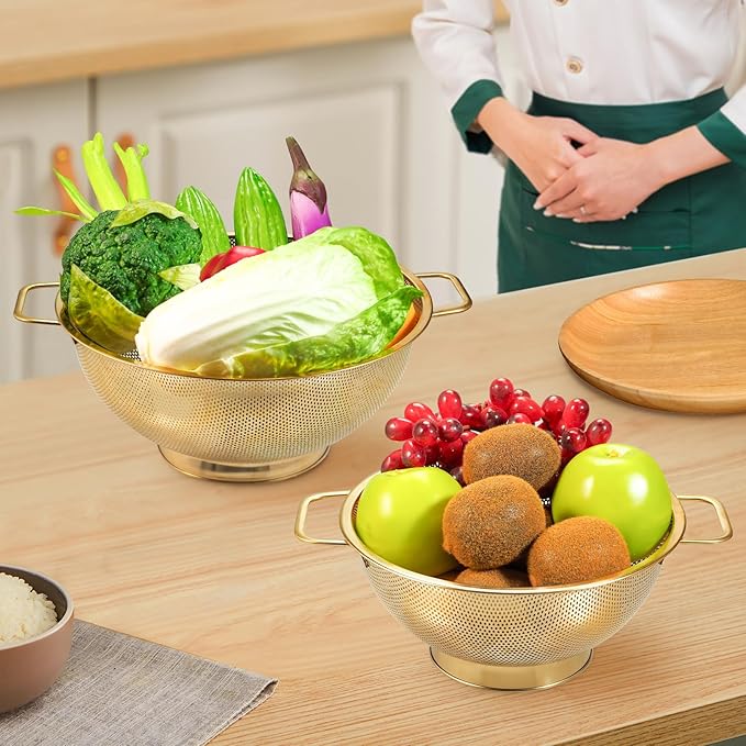 2PCS Gold Strainer for Kitche, 3QT and 5QT, Stainless Steel Colander with Handle for Fruits Vegetables Cooking Food, Dishwasher Safe