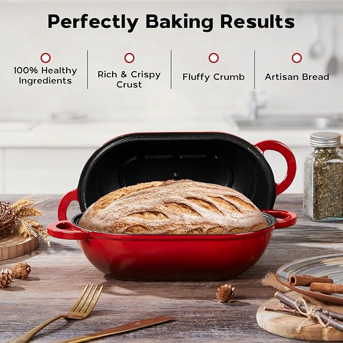 Onader Enameled Cast Iron Dutch Oven, 2.8QT Dutch Oven Pot with Lid for Sourdough Bread Baking, Oval Meatloaf Pan, Heavy Duty - Red