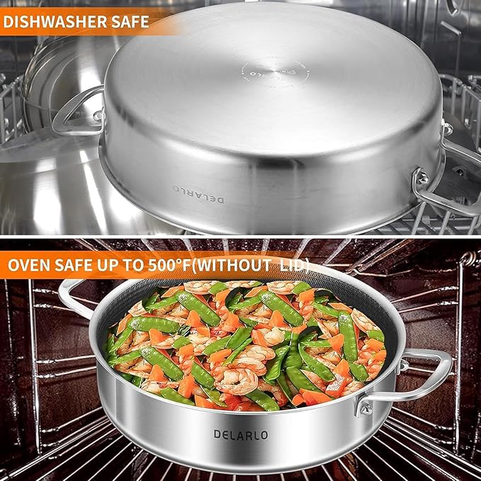 DELARLO Saute Pan 8QT, Frying Pan Nonstick with Lid, Tri-ply Stainless Steel Skillet, Large Braiser Induction, Everyday Pans, Heavy Duty Style, Compatible with All Cooktops Up to 660℉