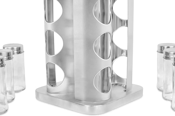 INTERNET'S BEST Revolving Spice Rack - Seasoning Storage with 16 Jars - Modern Stainless Steel Spinning Tower for Kitchen Countertop - Rotating Spice and Pantry Holder with Pre-Printed Labels - Sqaure