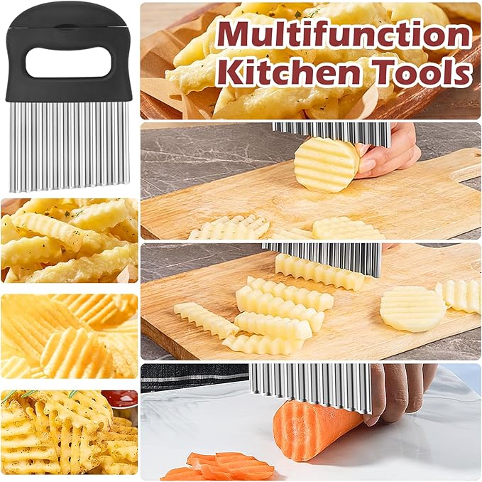 JAYVAR 2 In 1 Crinkle Cutter with Peeler – Stainless Steel Wave Potato Cutter, Crinkle Cut French Fry Slicer for Veggies, Cucumber Slicer Wavy Chopper Vegetable Cutting, Vegetable Peeler for Kitchen