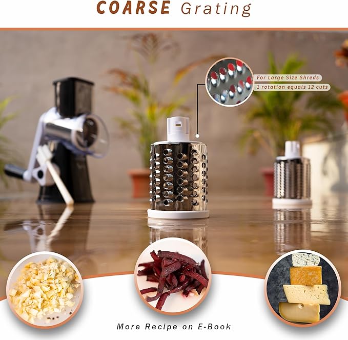 Rotary Cheese Grater Hand Crank with Handle - 3-in-1 Cheese Shredder - Easy to Clean Rotary Grater - Mandoline Vegetable Slicer - with Brush and Peeler - Black