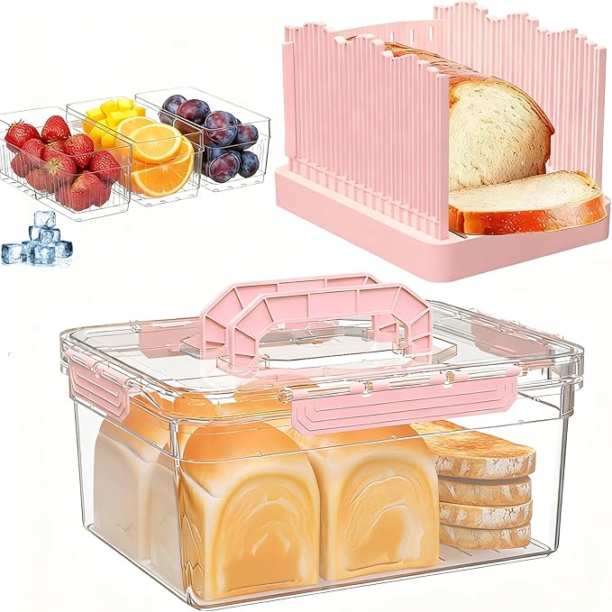 Bread Box with Slicer & Ice Chilled Condiment Caddy, Portable Airtight Bread Storage Container with Lid Handle for Kitchen Counter, Bread Keeper for Homemade Bread,Toast, Bagel, Cookies, Pink
