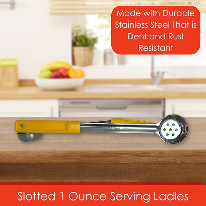 1 Ounce Slotted Stainless Steel Portion Control Ladle Spoon for Measuring and Serving; Commercial Grade Serving Scoops [Pack of 12]