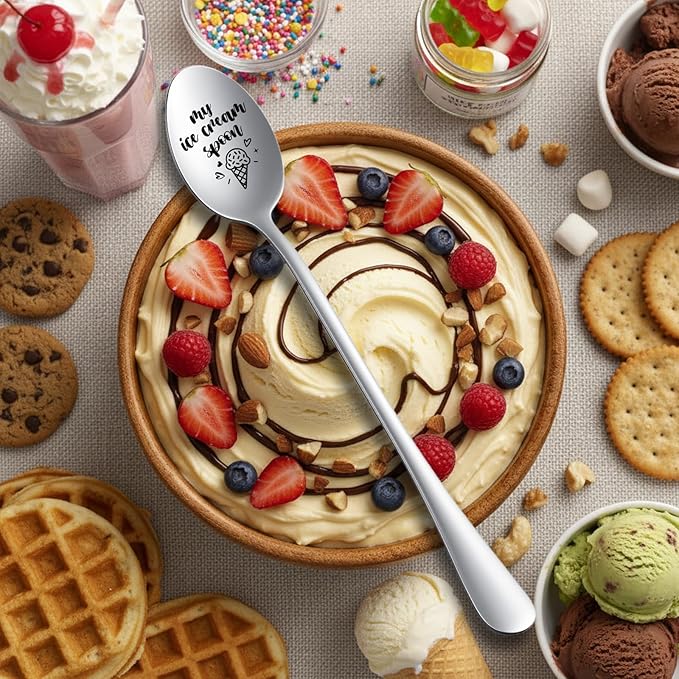 Ice Cream Spoon - Funny Engraved Stainless Steel Spoon for Ice Cream Lovers, Women, Men, Kids Birthdays
