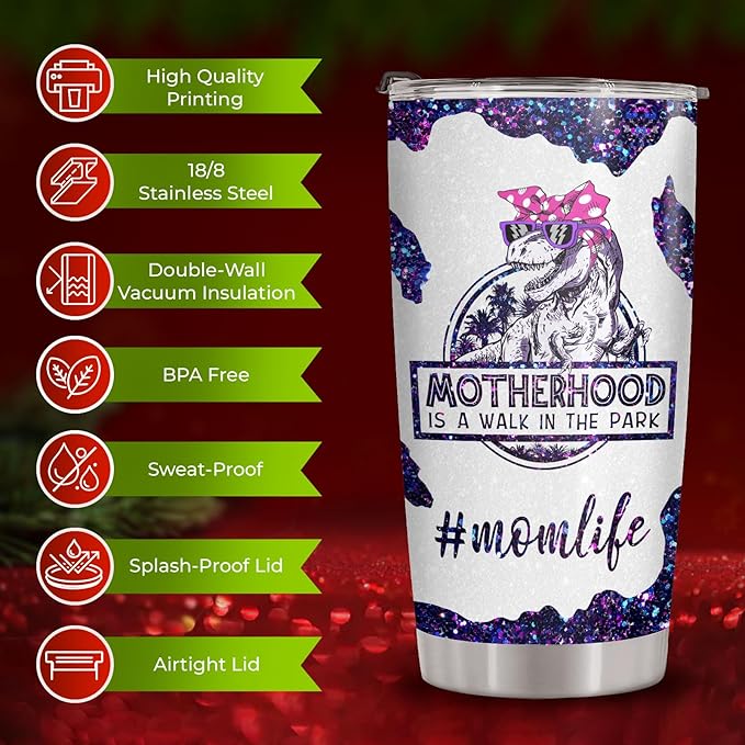34HD Funny Dinosaur Mom Gifts, Purple Mamasaurus Tumbler with Lid, 20oz Stainless Steel Vacuum Insulated Momma Drinking Cup, Mothers Day Gifts for Mom from Son Daughter Husband