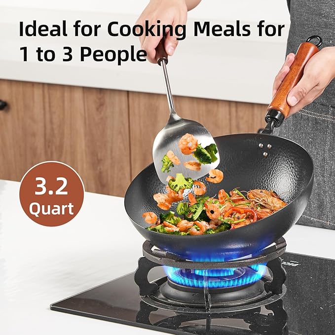 11 Inch Iron Wok, Cold-Forged Iron Wok with Glass Lid, Heavy-Duty Stir Fry Pan, Round Bottom Wok Pan with Wooden Handle for Gas Stoves and Round-Bottom Induction Stovetop