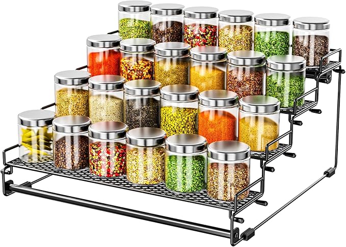 4 Tiered Countertop Spice Rack Organizer for Cabinet, Metal Tiered Spice Holder Storing 24 Spices Jars, Multipurpose Seasoning Shelf for Cupboard, Pantry, Kitchen Storage (1 Pcs)