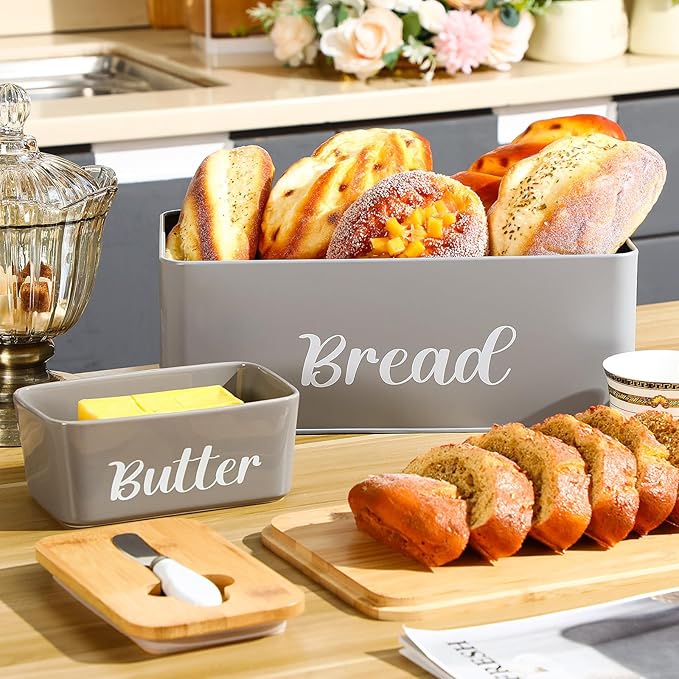 Hushee Metal Bread Box and Butter Dish with Bamboo Cutting Board Lid and Knife Bread Storage Container Breadbox for Kitchen Counter Butter Organizer for Kitchen Countertop Decoration(Gray)