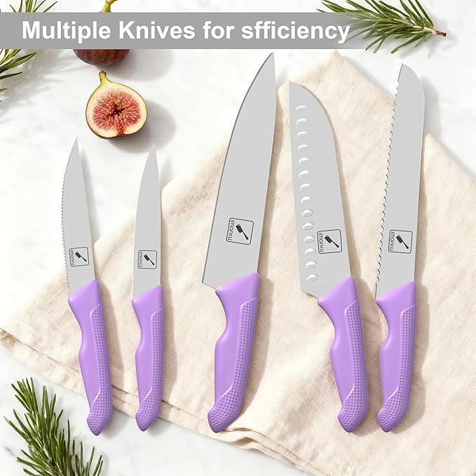 imarku 14-Piece Knife Set with Block, High Carbon Stainless Steel Kitchen Knives with Built-in Sharpener, Ergonomic Non-Slip Handle, Perfect for Home Cooks & Chefs, Purple