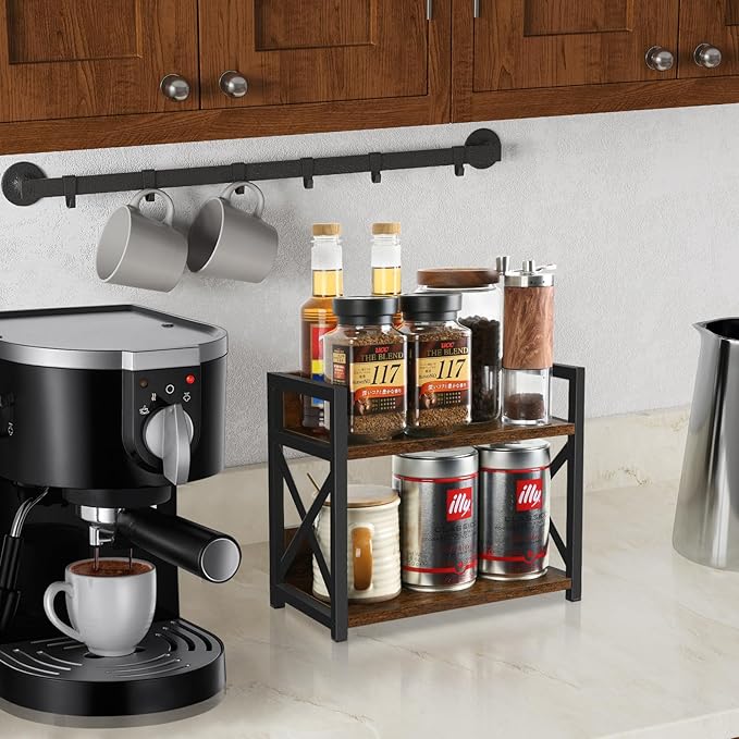 YINMIT Countertop Shelf Organizer,Coffee Bar Accessories,Spice Rack,Coffee Counter Shelf,2 Tier Coffee Organizer Station for Mugs,Cups,Cream,Syrup(Rustic Brown, Small)