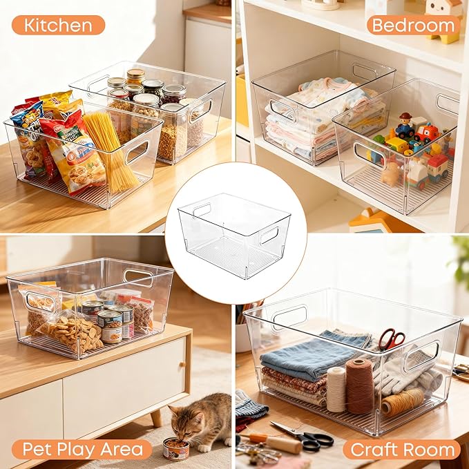 MOONEDGE 6 Pack Large Plastic Storage Bins, 11"x8"x6" Food-Grade Clear Containers Safe for Direct Food Contact, Pantry Storage for Kitchen, Fridge & Freezer, Versatile Organizers for Closet & Home