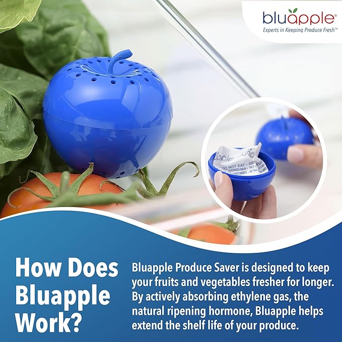 Bluapple Ethylene Gas Absorber Produce Saver Combo Pack - Keeps Fruits & Veggies Fresh in Refrigerator, Lasts up to 3 Months, 8 Packets and 2 Bluapples for 1 Year, Produce Storage, BPA Free, USA Made