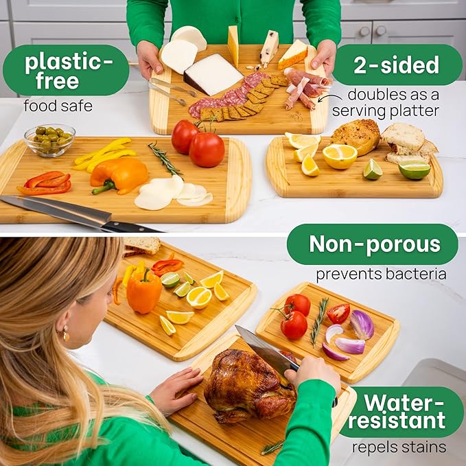 Organic Bamboo Cutting Boards for Kitchen Set of 3 with Lifetime Replacements – Premium Extra Large Wood Chopping Boards with Juice Grooves for Carving & Serving, Non-Toxic & Durable by Greener Chef