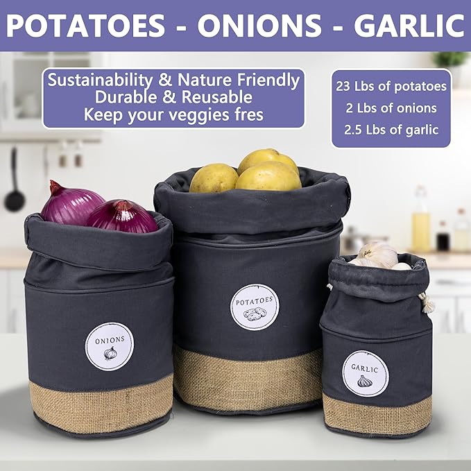 Meraki Home Potato Onion Garlic Storage Containers - Farmhouse Kitchen Storage Organization Pots - Sustainable Jute Cotton Vegetable Baskets Bins - Drawstring Holder (Grey)