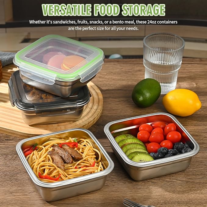 2 Pack Sandwich Containers, 24oz Stainless Steel Sandwich Box with Airtight Lids, BPA-Free, Dishwasher Safe, Durable & Reusable Metal Meal Prep Lunch Boxes for Fruits, Snacks, Bento (Green)