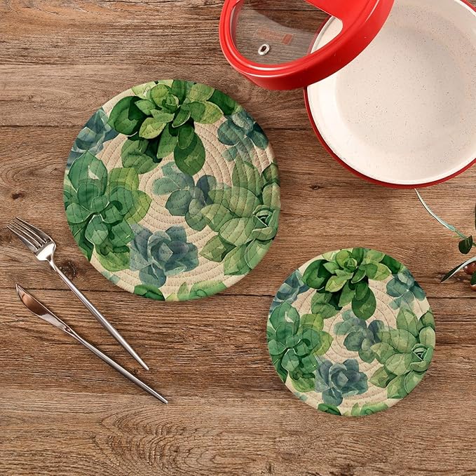 Succulent Plants Green Kitchen Trivets Pot Holders Set of 2, Trivets for Hot Pots Dishes Woven Trivet Coaster Pad Mat for Counter
