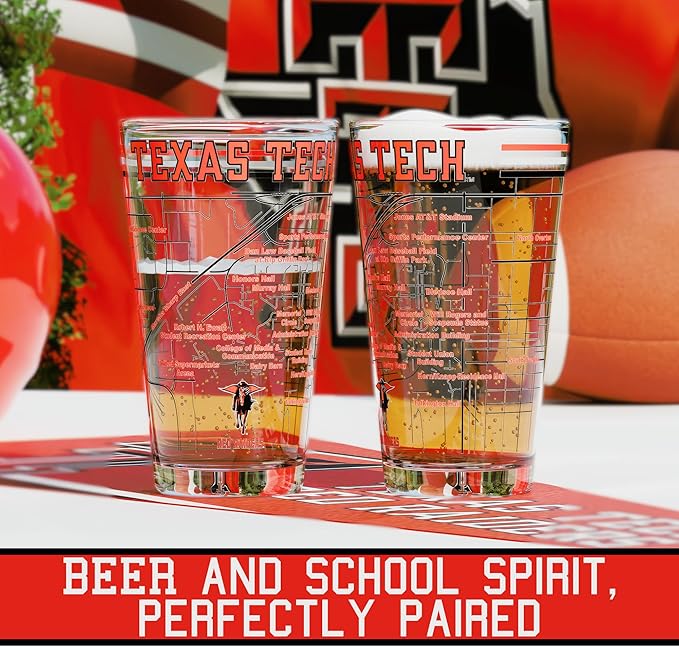 Greenline Goods – Texas Tech University Red Raiders College Pint Beer Glasses (Set of 2), 16 oz – Full-Color Logo + Campus Map