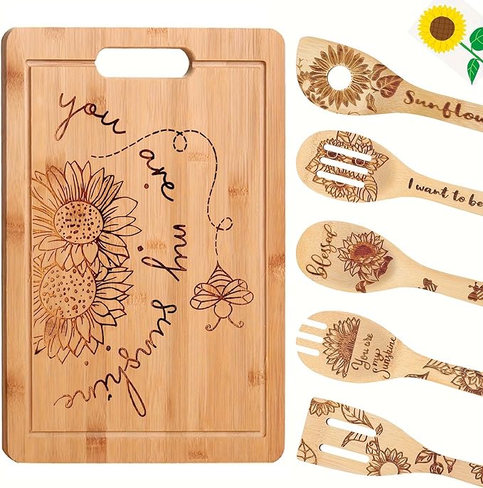 6pcs Sunflower Wooden Cutting Board Set Perfect Charcuterie & Serving Boards for Home Kitchen Decor, Ideal Gifts for Wedding, Birthday, Anniversary, Christmas & Housewarming