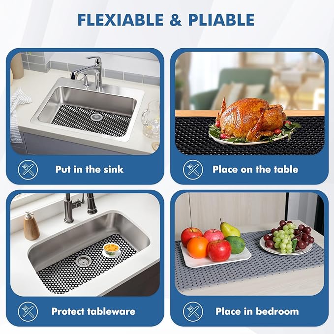 Silicone Sink Protectors for Kitchen Sink with Rear Drain - 28.3"x 15.7" Kitchen Protector Accessory, Non-Slip Heat Resistan Mat for Bottom of Farmhouse Stainless Steel (Rear Hole, Black)