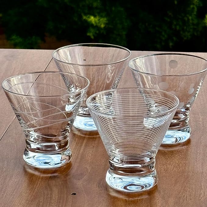 Etched Martini Glasses Set of 4 - Crystal Cocktail Glasses, Stemless Martini Glass for Bar, Martini, Cosmopolitan, Manhattan, Gimlet, Pisco Sour Brandy, Margarita Glasses, Dessert Cups, 8oz