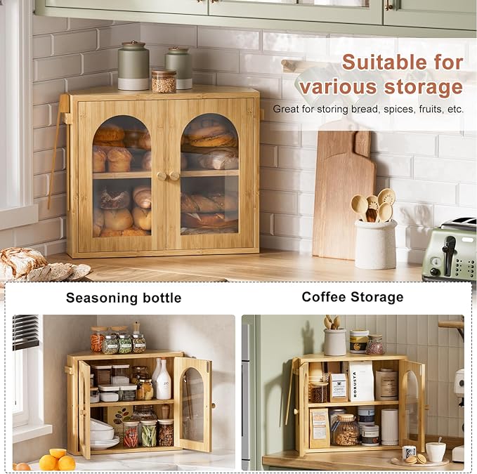 WOWLIVE Corner Bread Box for Kitchen Countertop, 2 Tier Bamboo Bread Storage Container for Homemade Bread with Clear Acrylic Door Panel, Large Bread Bin Farmhouse Breadbox Organizer (Natural, Medium)