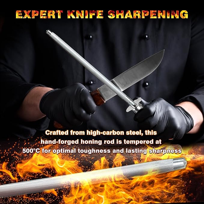 Knife Sharpener Rod, Kitchen Knives Sharpener Carbon Steel Professional Knife Sharpening Steel, Honing Rod with Hanging Holes (13 inches), T