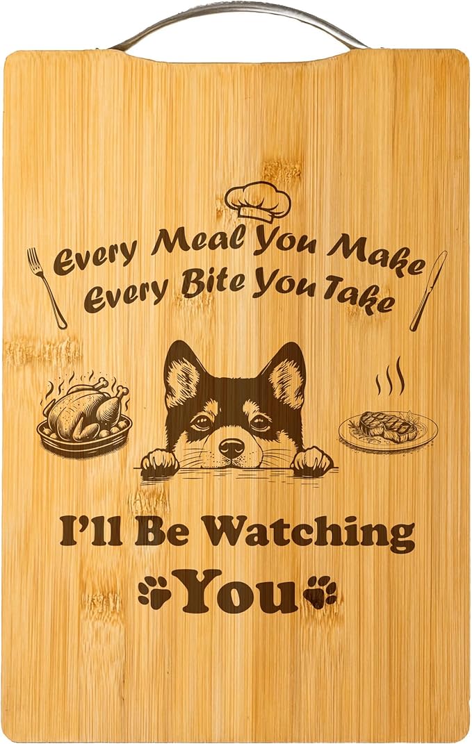 Personalized Engraved Bamboo Cutting Board, Funny Dog Gift for Dog Lovers, Handmade Kitchen Decor – I’ll Be Watching You (Shiba Inu)
