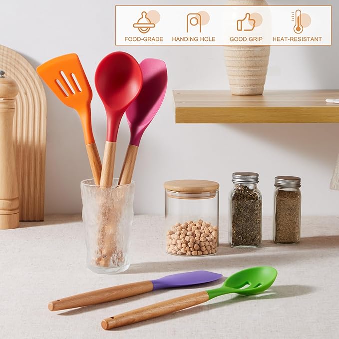 E-far Silicone Cooking Utensils Set, 10-Piece Kitchen Utensils Set with Wooden Handle for Nonstick Cookware, Heat Resistant Kitchen Nonstick Tools Spatula Whisk Ladle, Non-toxic & Healthy - Colorful