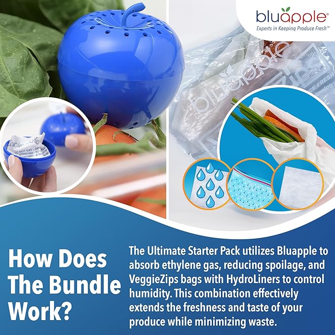 Bluapple Produce Saver Ethylene Gas Absorber & VeggieZips Ultimate Starter Pack Bundle - Fresh Vegetables & Fruits Saver, Produce Storage, Fruits & Veggies Keepers for Refrigerator, Regulates Humidity