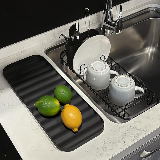 SunnyPoint 304 Stainless Steel NeverRust Compact Dish Drying Rack with Utensil Holder & Removable Drain Tray, Rustproof Small Dish Rack for Kitchen Countertop or Over Sink – Black