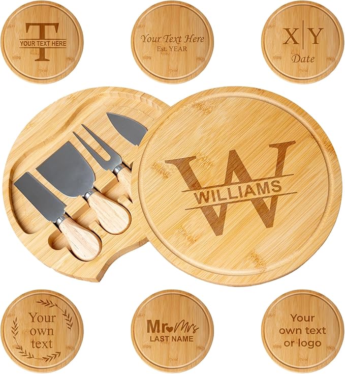 Custom engraved luxury charcuterie board & knife set/4pcs, personalized cheese chopping serving tray for fruits, food, dessert, bread for table decoration, personalized gift for dinner host (Monogram)