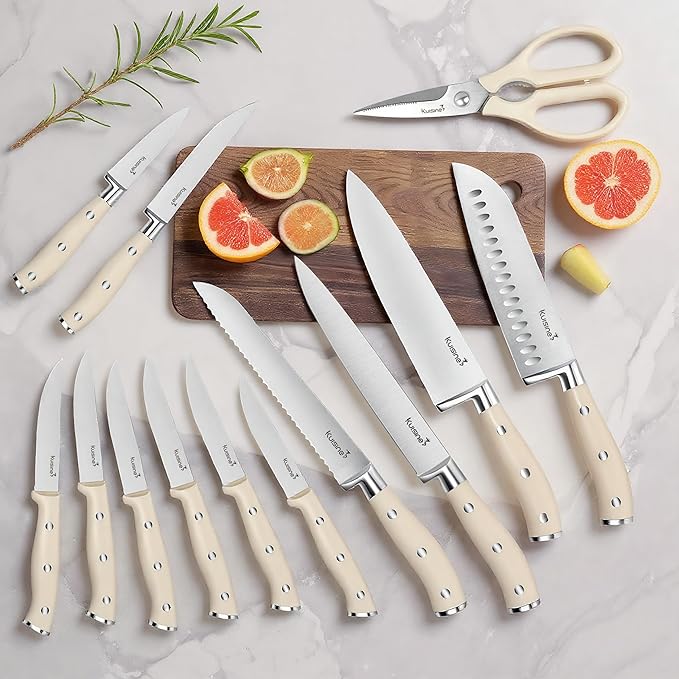 KUISINE Upgraded Knife Set High Carbon Stainless Steel Sharper Blade Ergonomic Handle,Knife Block Set with Built- in Sharpener(Ivory Pro Acacia,15PCS)