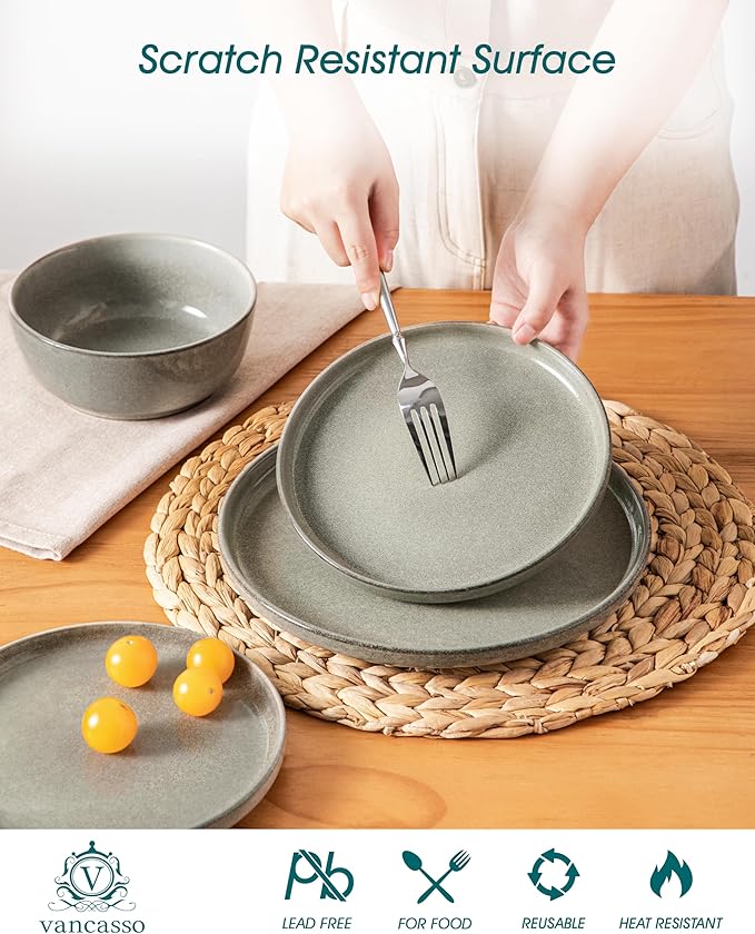 vancasso ANYA 24 Pieces Plates and Bowls Set, Stone Grey Dinnerware Sets, Reactive Glaze Dishes Set for 8, Ceramic Dishware Sets Kitchen Dinner Set, Microwave & Dishwasher Safe