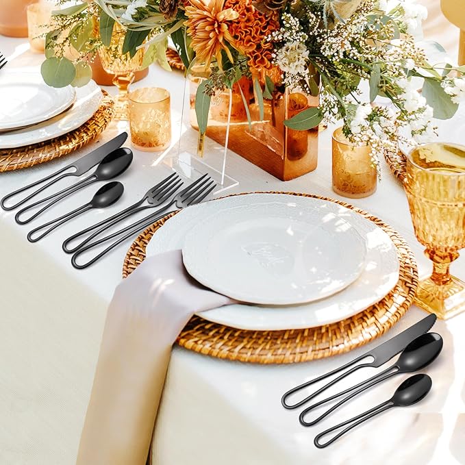 Black Silverware Hollow Flatware Set for 4 Stainless Steel Cutlery 20 Piece Hanging Forks Spoons and Knives Unique Eating Utensils for Home Restaurant Parties