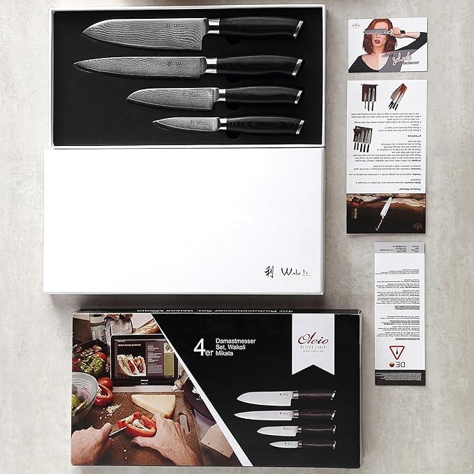 Wakoli Mikata 4-Piece Damascus Knife Set – Professional Kitchen Knife Set with VG10 Core, 67-Layer Damascus Steel and Ergonomic Micarta Handles – Premium Kitchen Knives in Gift Box