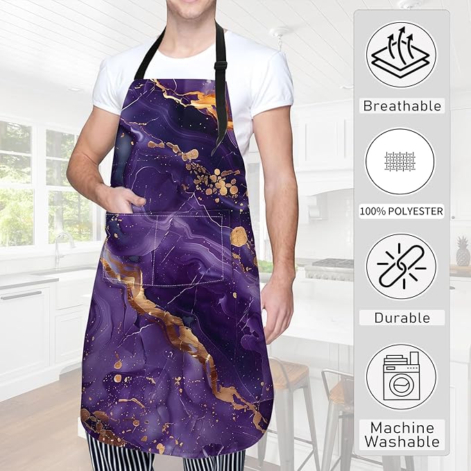 Purple Marble Apron,Oxford Fabric Adjustable Kitchen Apron with 2 Pockets,Waterproof Cooking Aprons for Men Women Mom Wife Dad,Ideal Gifts for Coffee,Shop,Baking,BBQ,Housewarming,28x33in