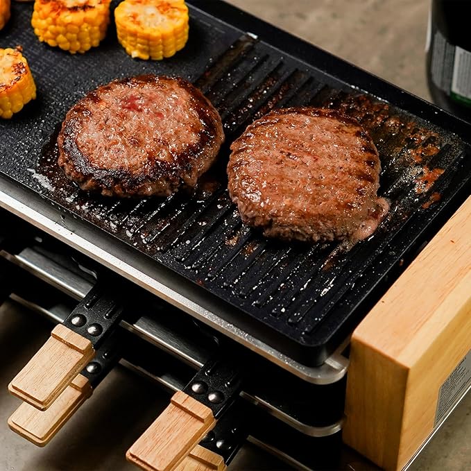 CUSIMAX Electric Grill Raclette Table Grill, 2 in 1 Indoor Grill with Non-Stick Grill & Griddle Plate, Raclette Grill with Wooden frame, 8 Cheese Pans & Wooden Spatulas, Three-Layer Korean BBQ Grill