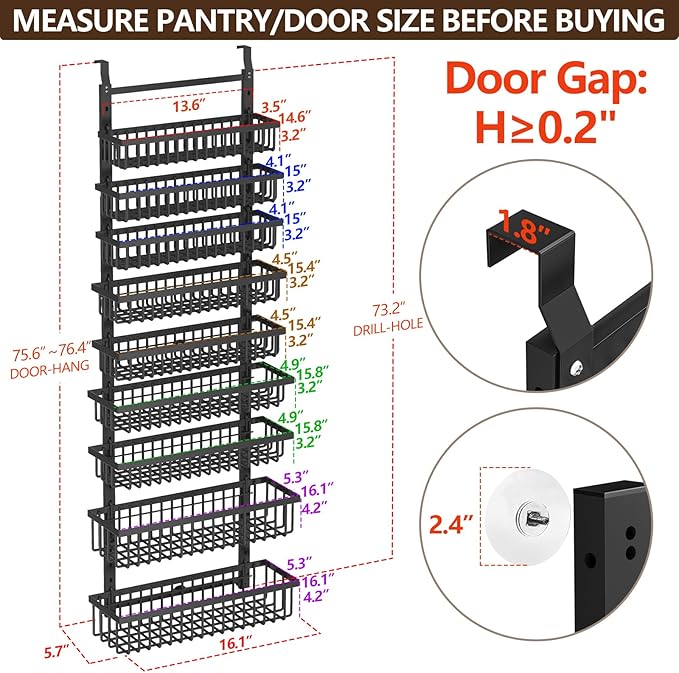 9 Tier Over The Door Pantry Organizer, 2 in 1 Wall Mount or Hanging Spice Rack with Adjustable Basket, Seasoning Organizer and Storage for Kitchen Cabinet Closet Bathroom