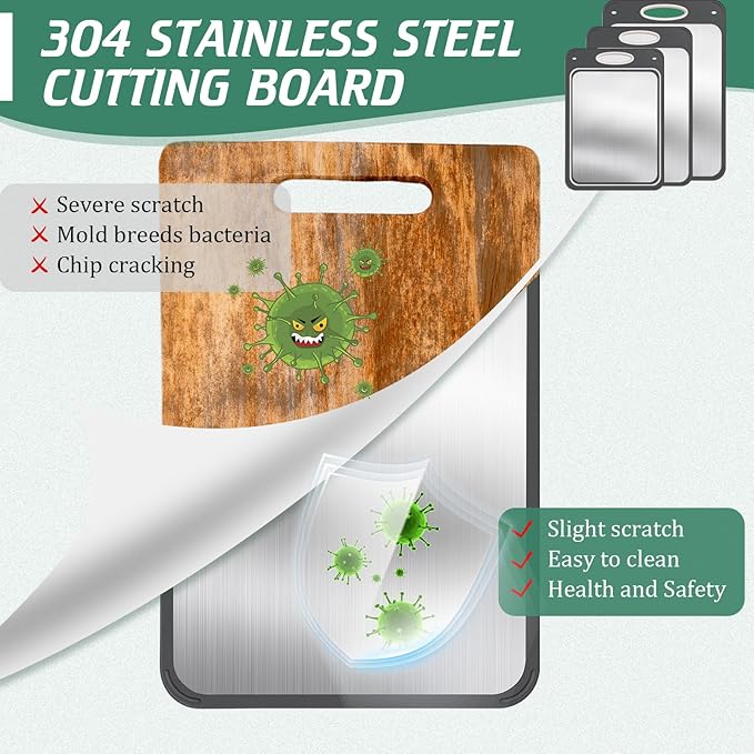 Patelai 3 Pack Stainless Steel Cutting Board Double Sided Cutting Board Large 304 Stainless Steel Wheat Straw PP for Kitchen Chopping, Easy to Clean (14 x 9.6 Inch,15.7 x 10.6 Inch,17.7 x 12.2 Inch)