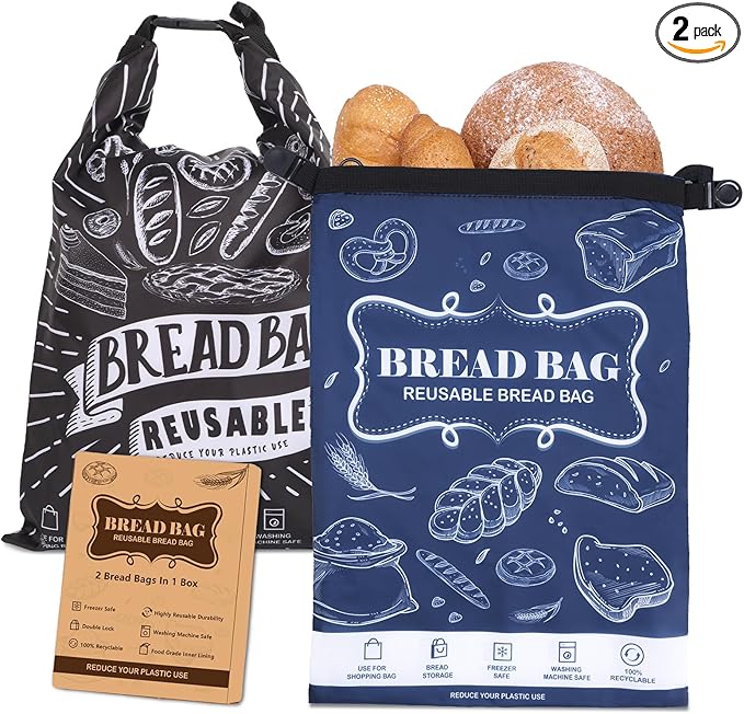 Bread Bag, 2 Packs Reusable Sourdough Storage Bag With Zipper for Homemade Loaf- Large Freezer Container Bread Box to Keep Bread Fresh (Black, L)