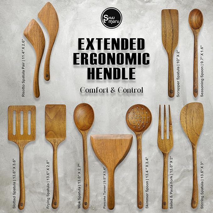 SHUMARU 11-Piece Handmade Teak Utensil Set – Premium Old Bali Teak Wooden Cooking Spoons & Spatulas, Eco-Friendly & Ergonomic Kitchen Tools Safe for Non-Stick Cookware