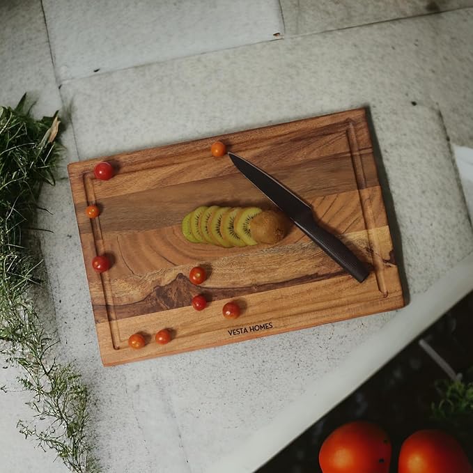 Vesta Homes Wooden Edge Grain Cutting Board/Chopping, Serving Board/Block for Vegetables, Fruits, Cheese and Charcuterie | Natural Acacia Wood | 15 * 10 * 1 Inches | Handcrafted in India