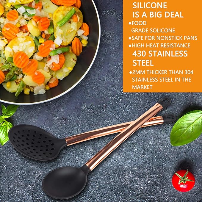 Silicone Cooking Utensil Set,14 Pcs Kitchen Utensils Set with Holder Non-stick Heat Resistant Cookware Cooking Turner Tongs Spatula Spoon with Stainless Steel Handle (Gold Black) BPA Free, Non Toxi