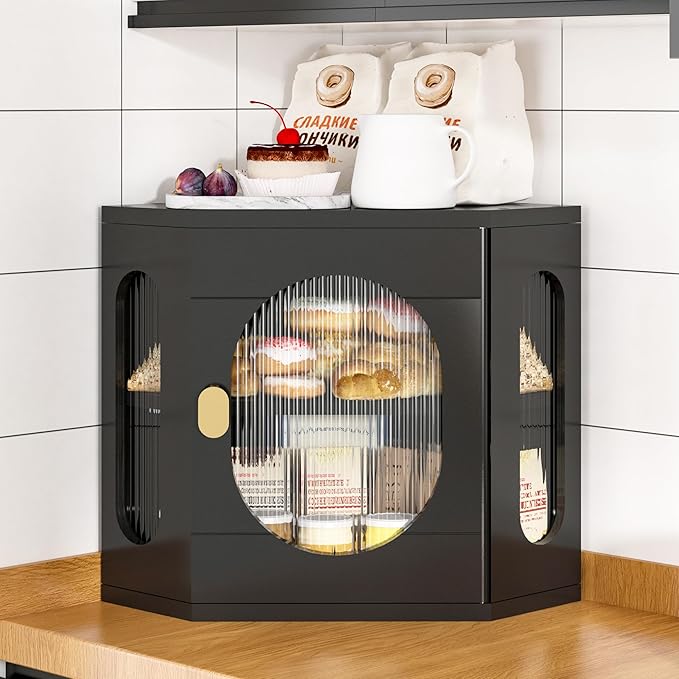 Corner Bread Box for Kitchen Countertop, Large Wooden Bread Box, Double Layer Bread Storage Bin, Bamboo Breadbox for Homemade Bread, Farmhouse Kitchen Organizer with Acrylic Window, Black