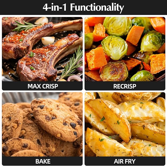 4-in-1 Portable Glass Air Fryer, 140–400°F Precise Heat, Max Crisp Technology, 4.2QT & 1.6QT Dual Containers with Lids, Freezer & Dishwasher Safe, Bake, Recrisp, Air Fry